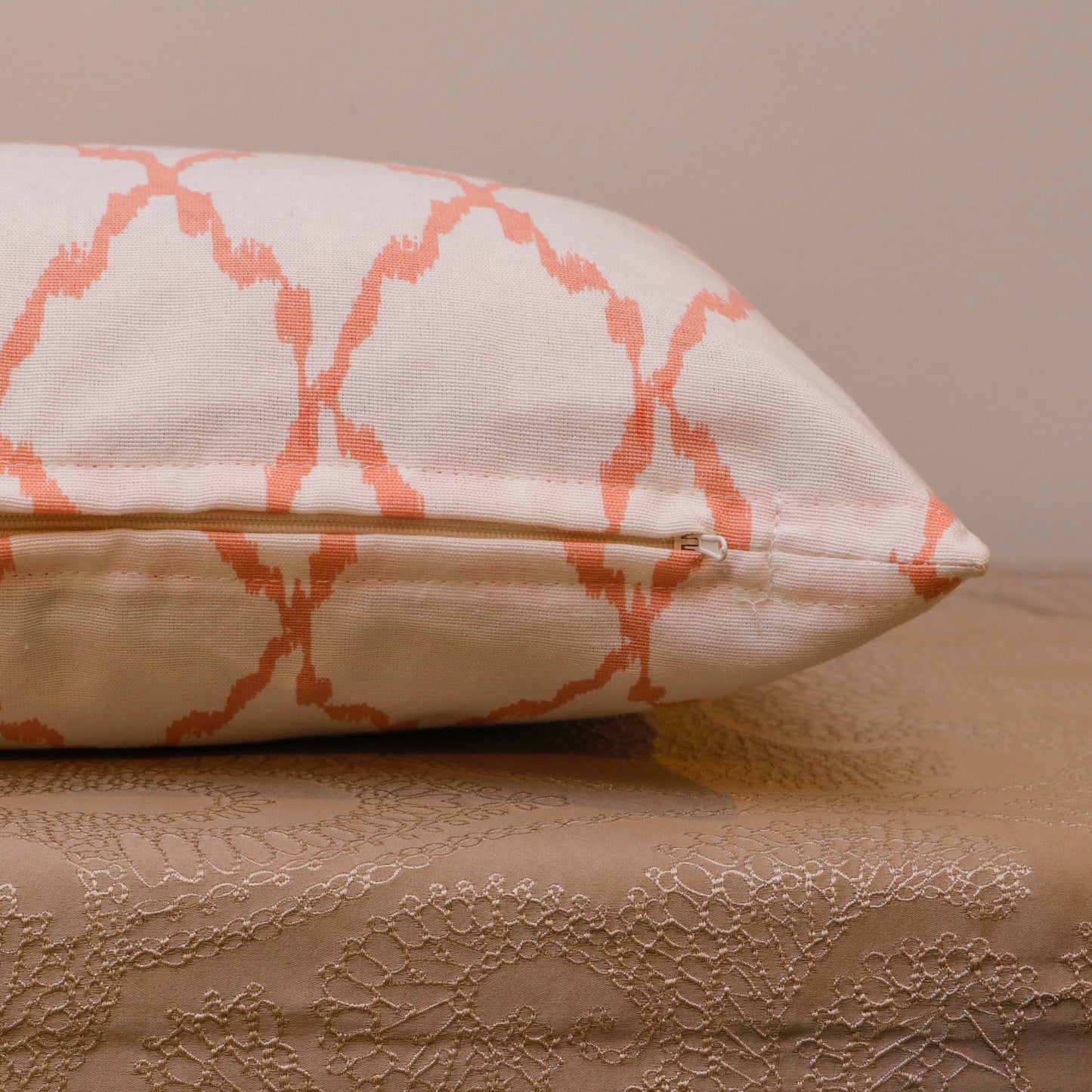 Peach Trellis Print Cotton Cushion Cover
