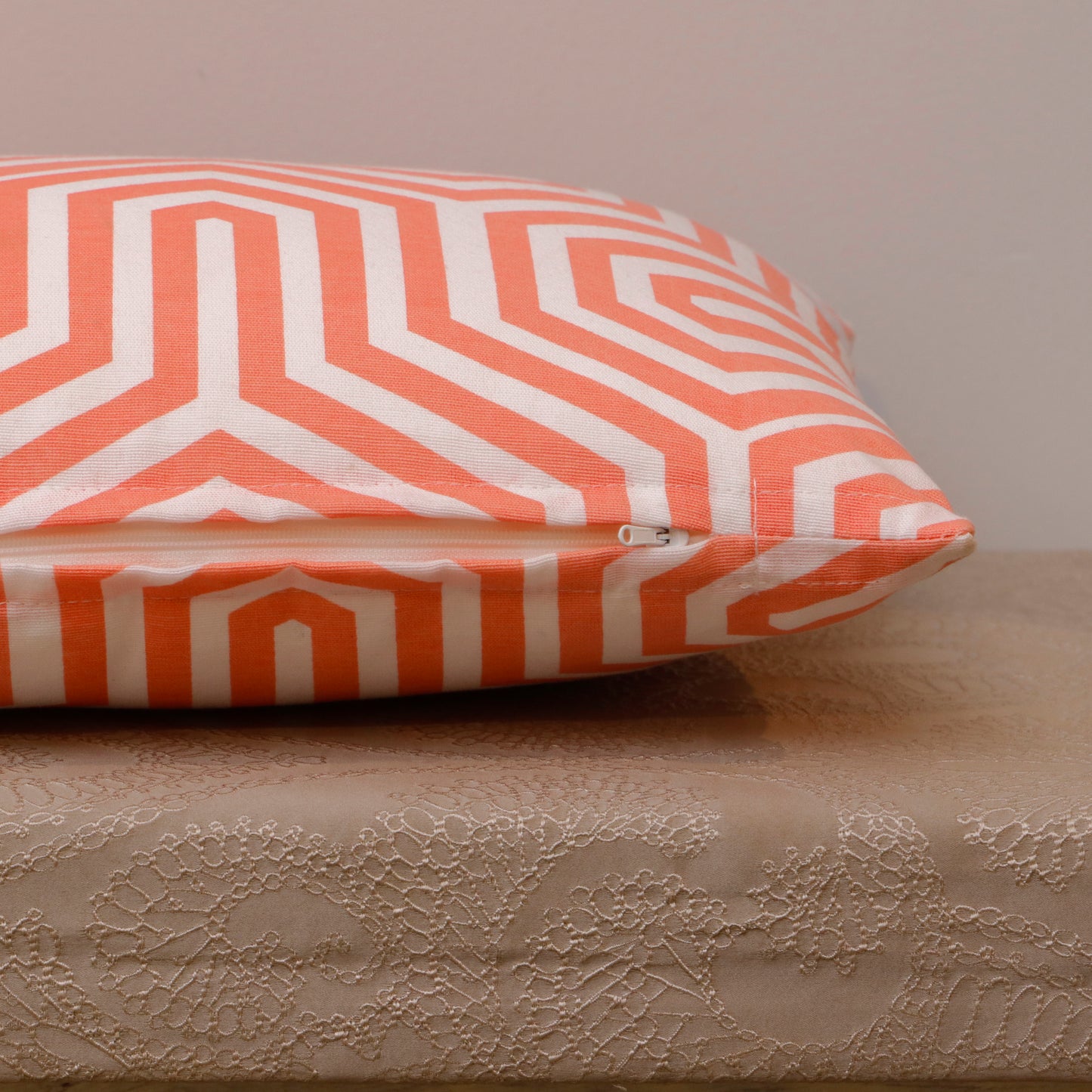 Coral Geometric Cotton Cushion Cover