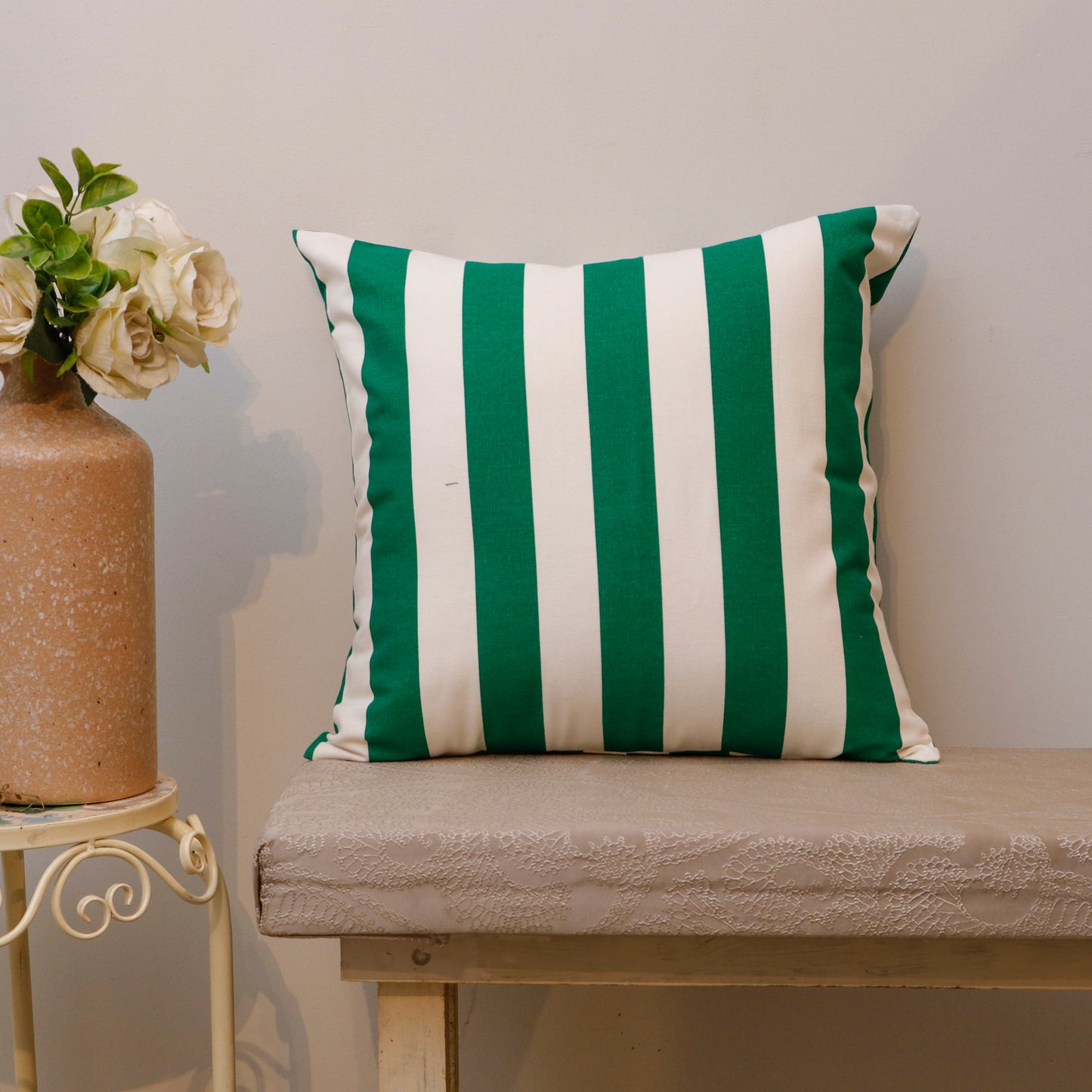 Green & White Striped Cotton Cushion Cover – 18x18 Inches