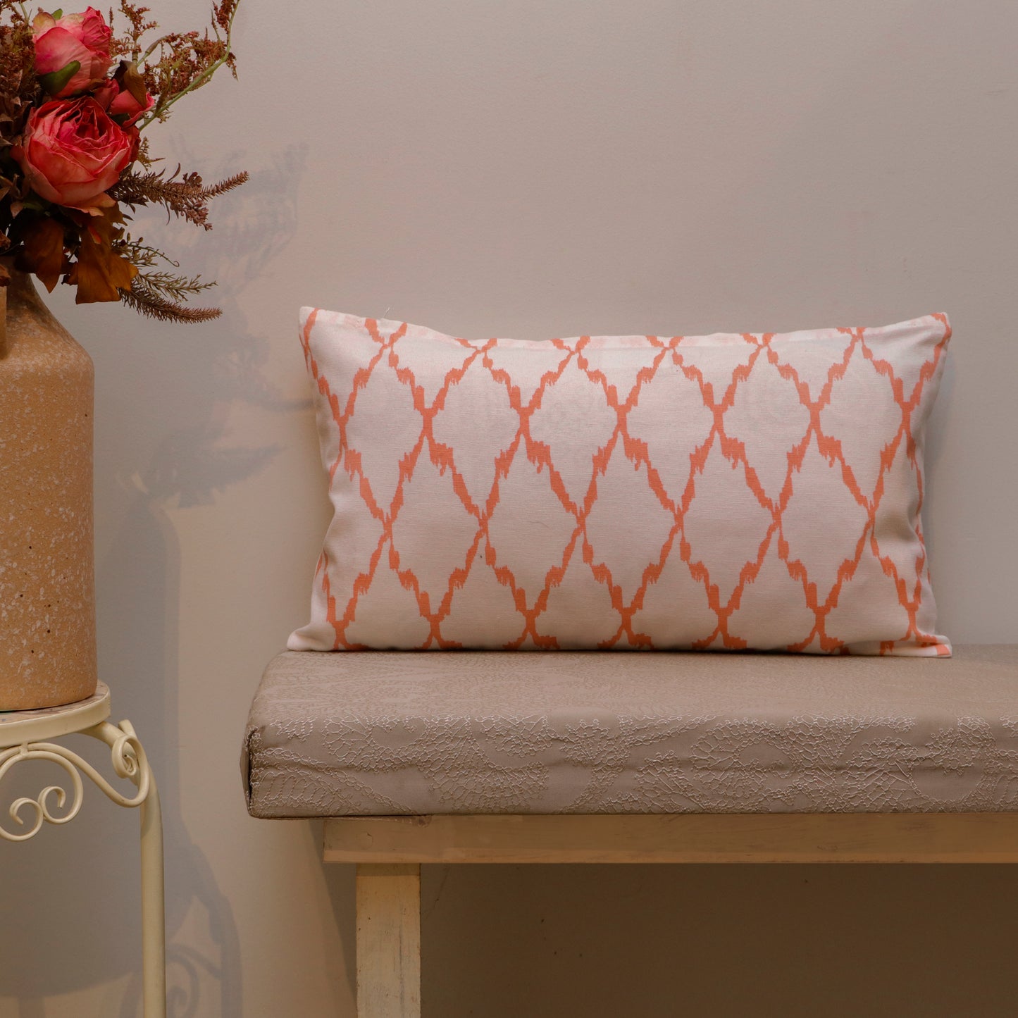 Peach Trellis Print Cotton Cushion Cover
