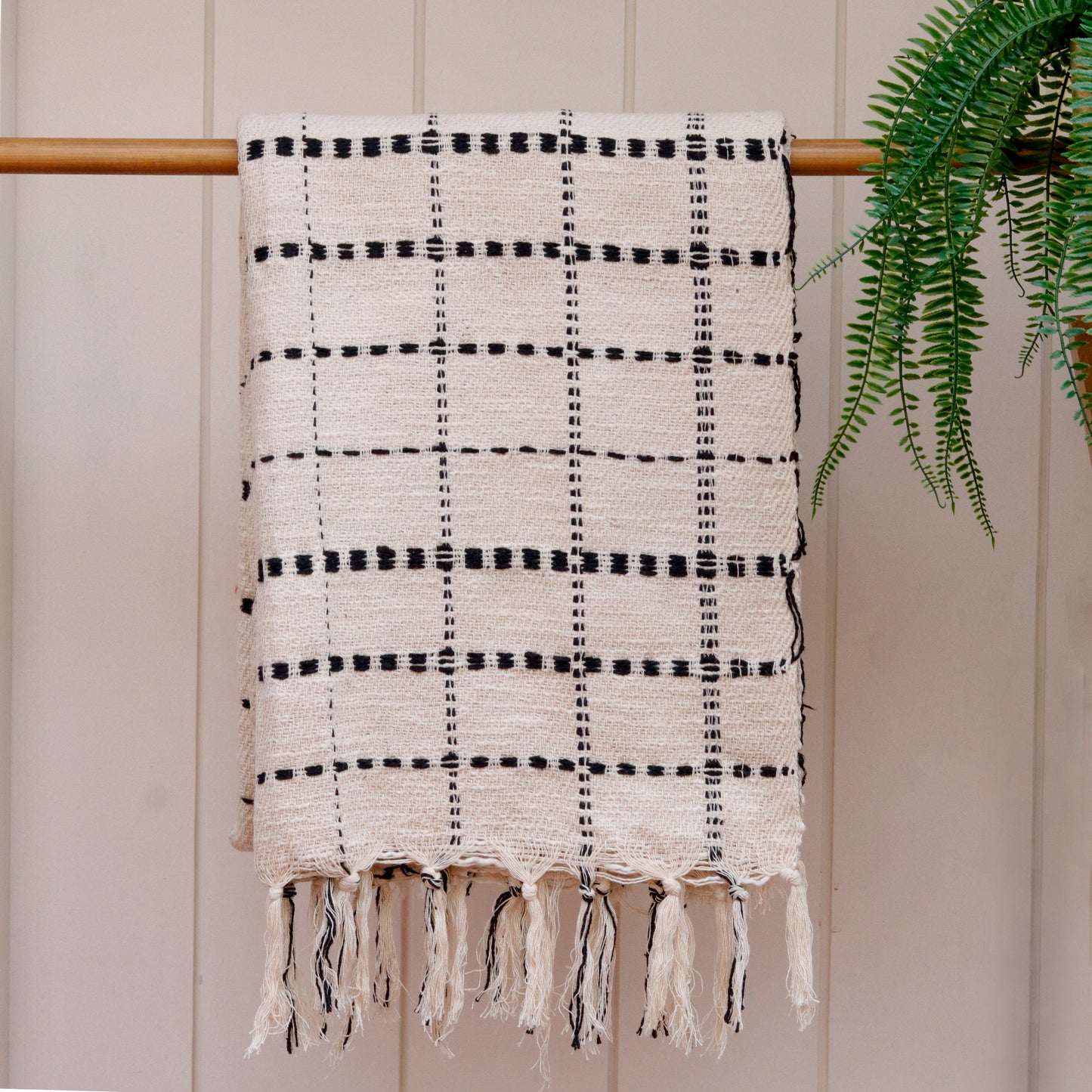 Black Grid Fringe Throw