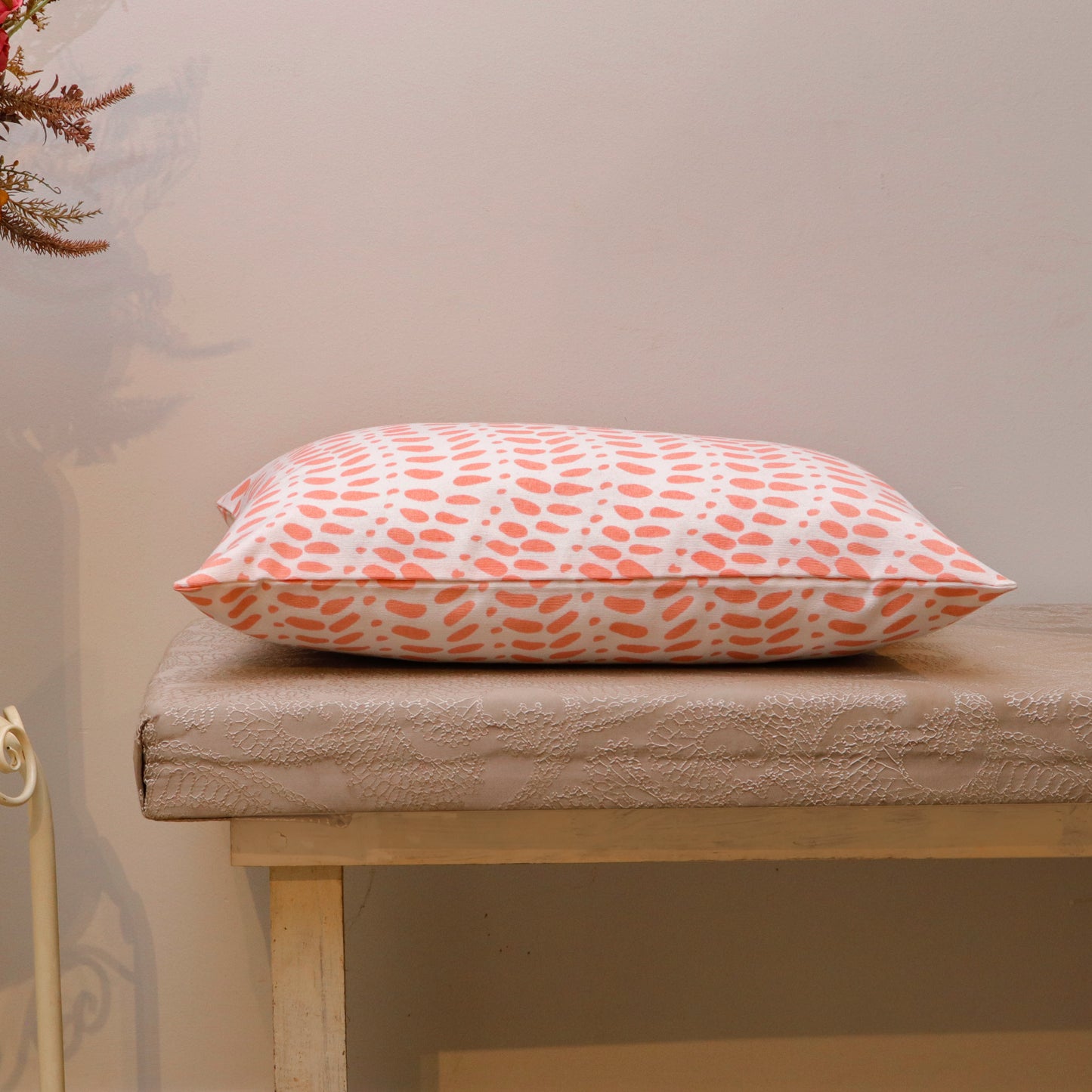 Peach Leaf Print Cotton Cushion Cover