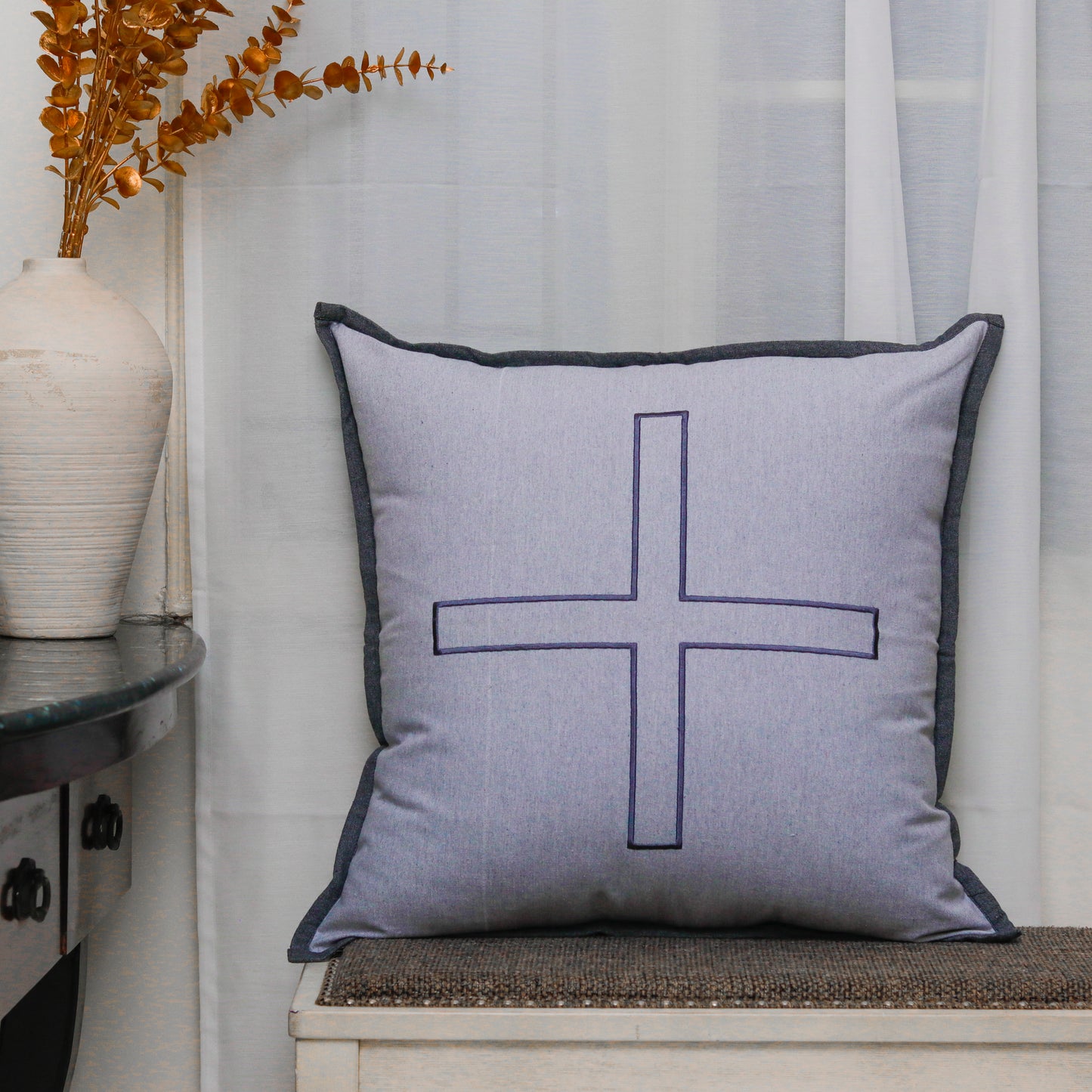 Grey Cross Cushion Cover