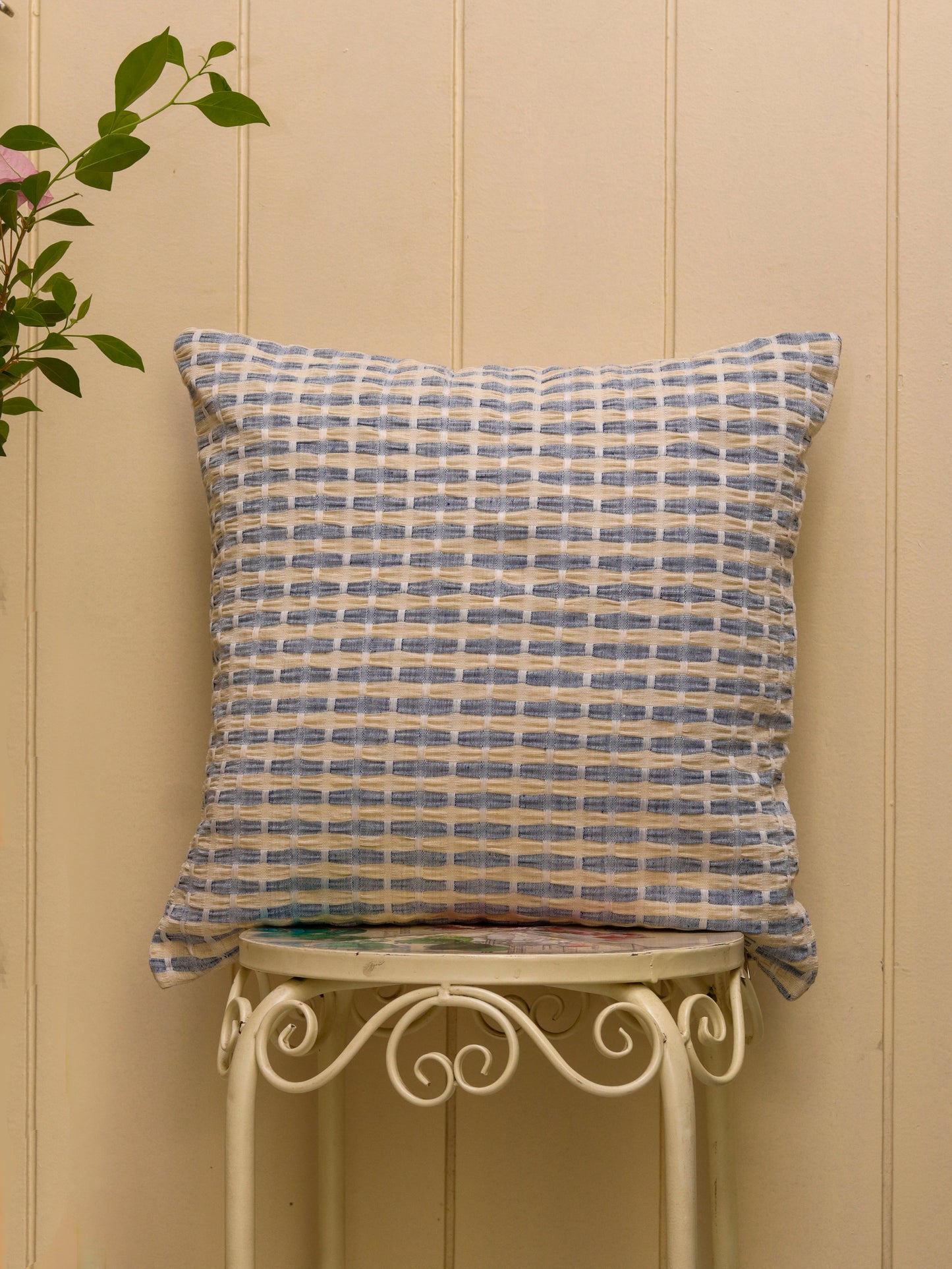Blue Ivory Woven Grid Cushion Cover