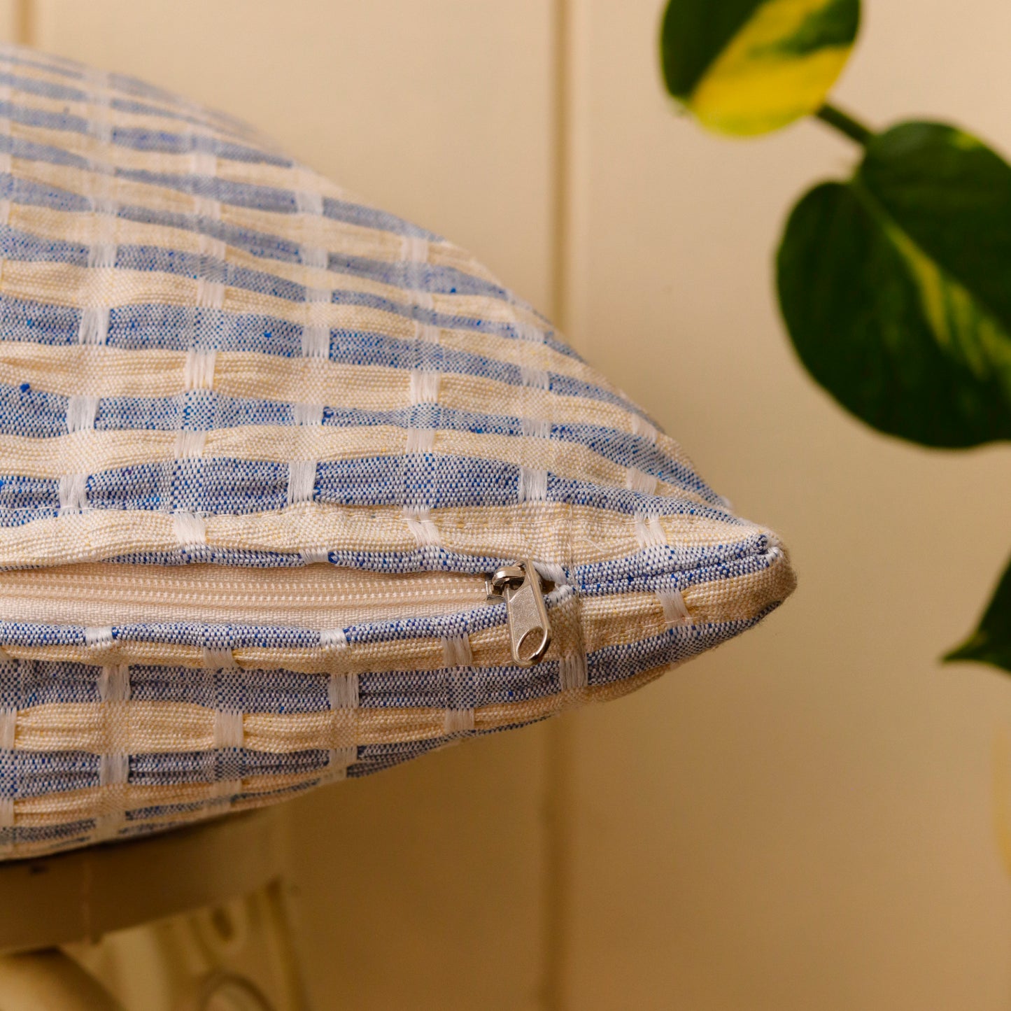 Blue Ivory Woven Grid Cushion Cover