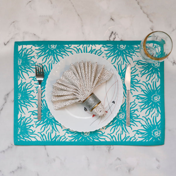 Aqua Blue Floral Cotton Placemat