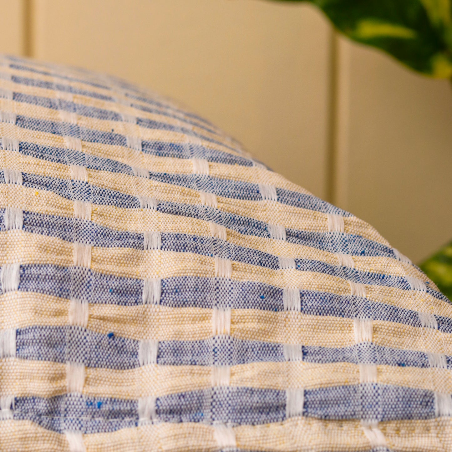Blue Ivory Woven Grid Cushion Cover