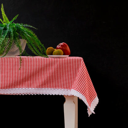 Red Gingham Lace Cotton Tablecloth