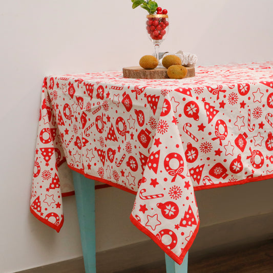 Festive Red & White Christmas Tablecloth – 6-seater