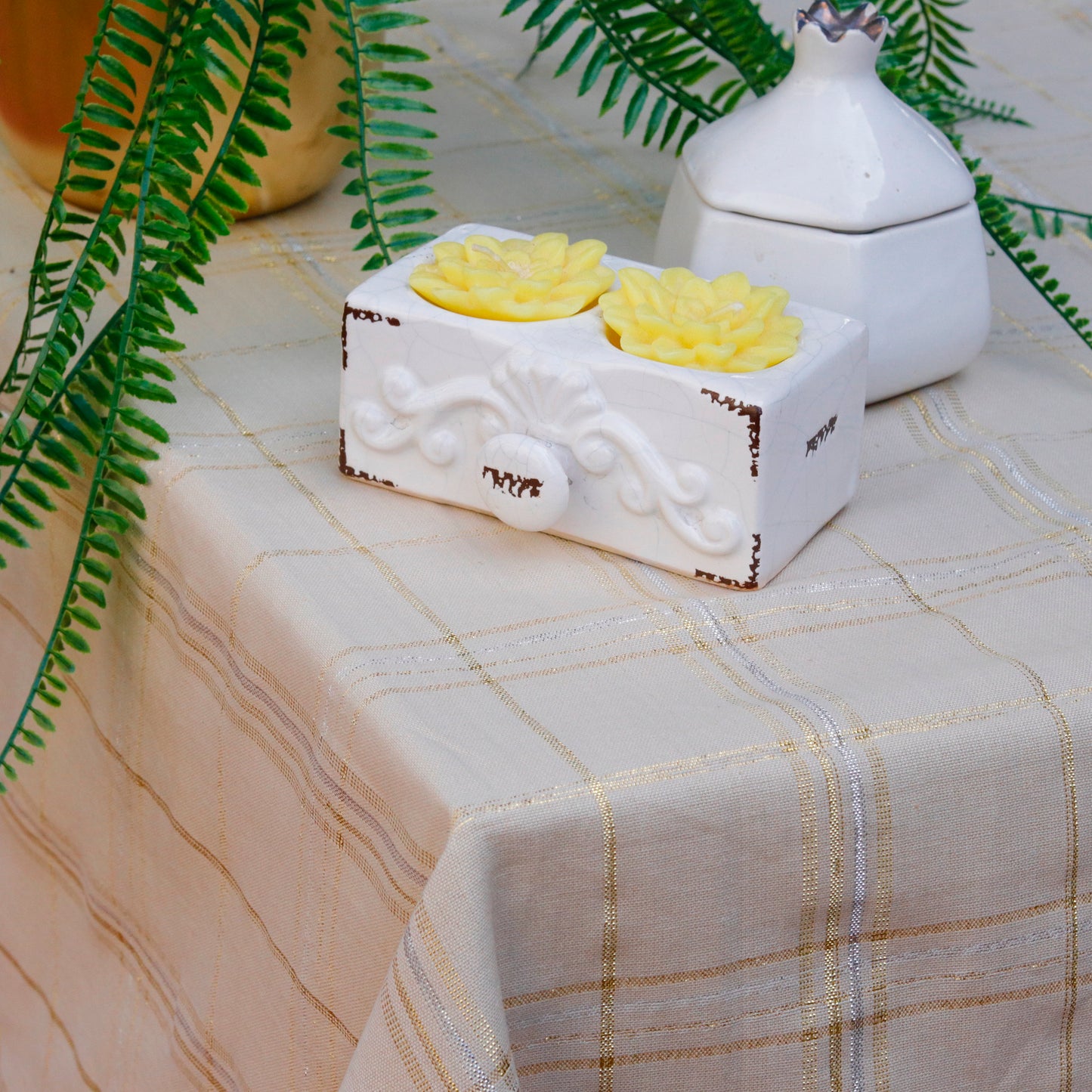 Ivory Gold Grid Tablecloth