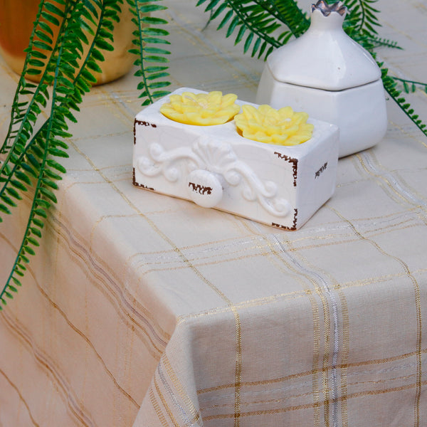 Ivory Gold Grid Tablecloth